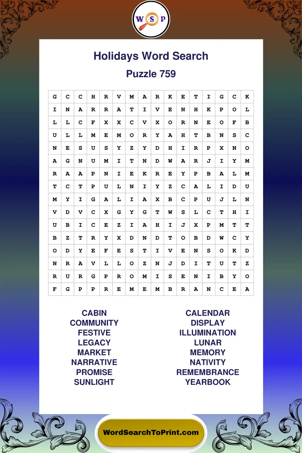 Holidays Word Search Puzzle 759