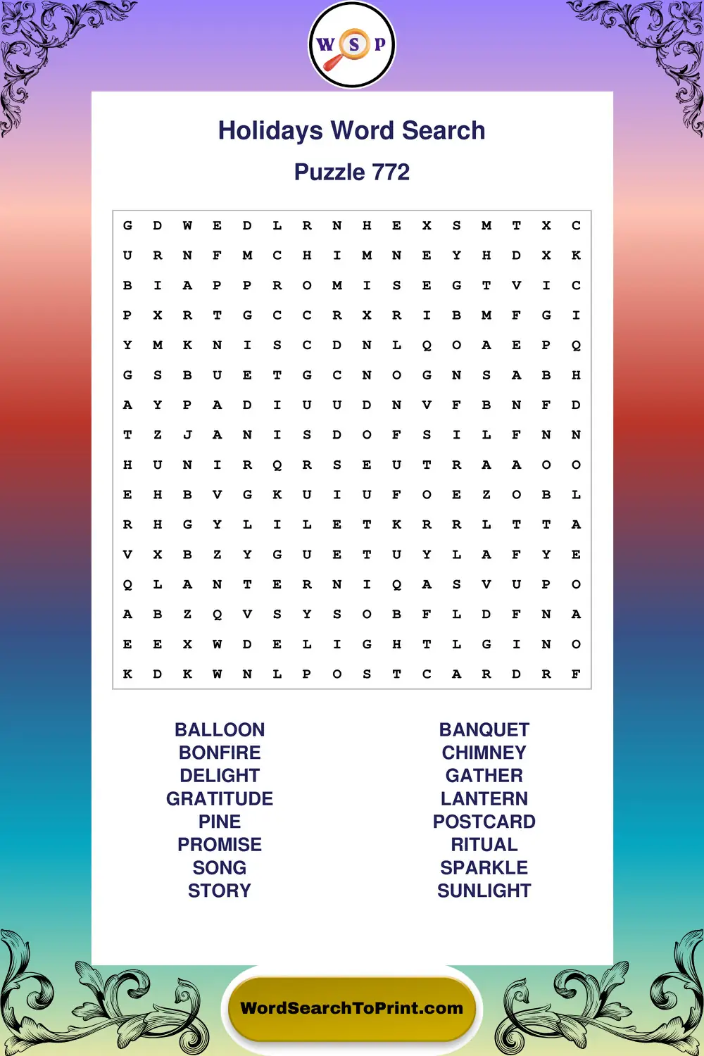 Holidays Word Search Puzzle 772