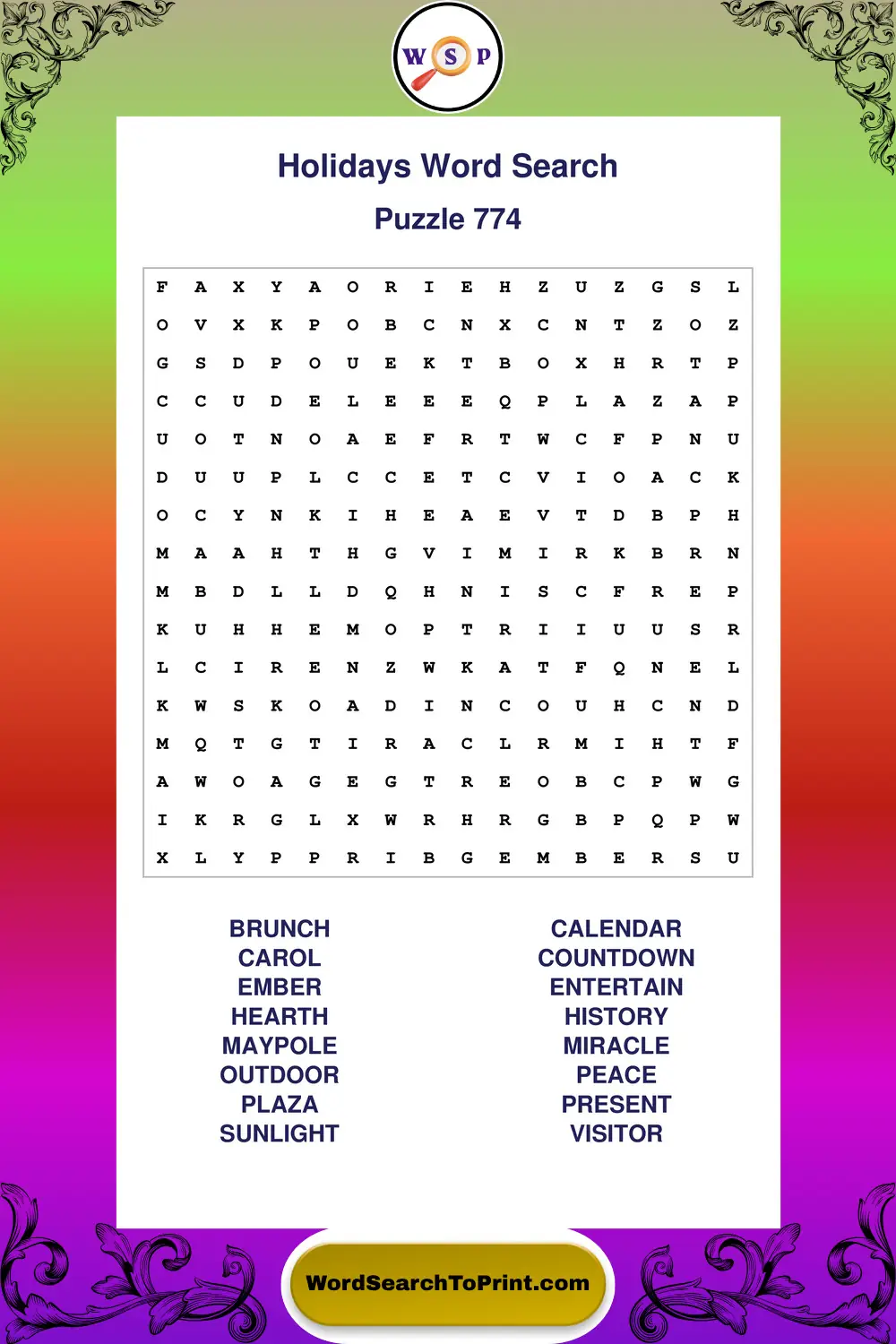 Holidays Word Search Puzzle 774