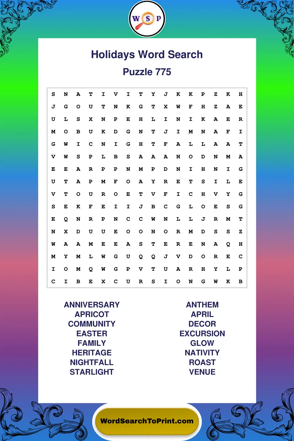 Holidays Word Search Puzzle 775