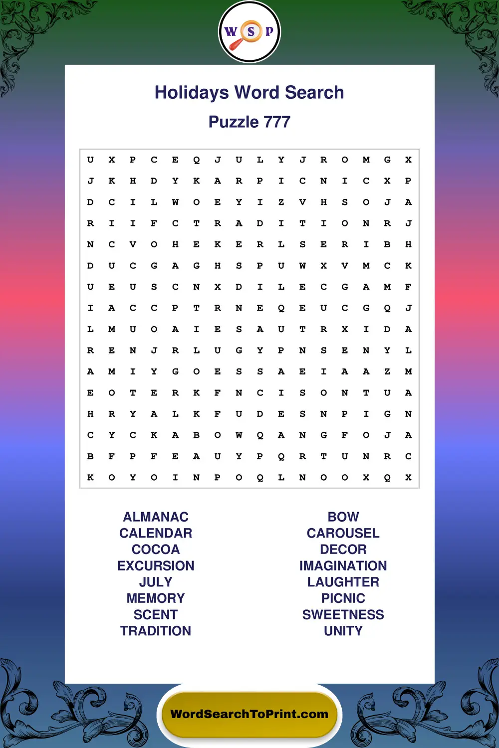 Holidays Word Search Puzzle 777