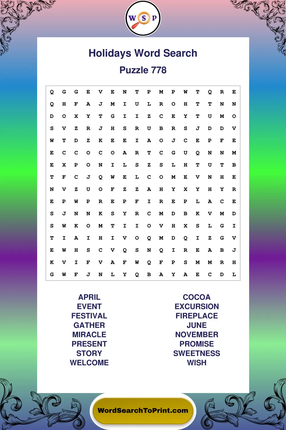 Holidays Word Search Puzzle 778