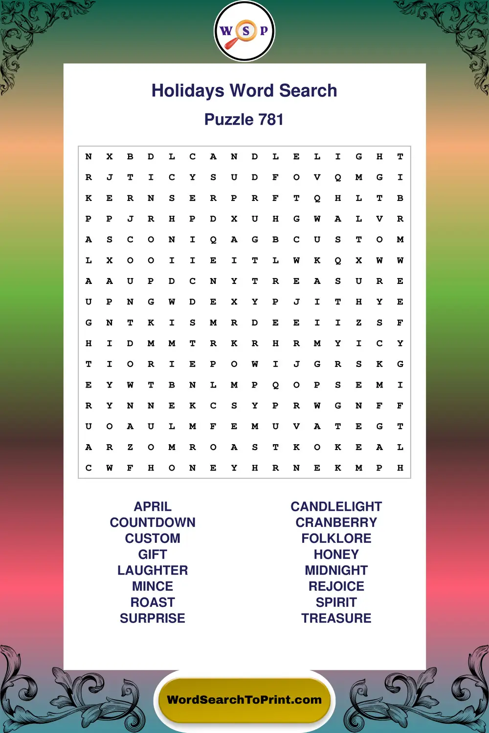 Holidays Word Search Puzzle 781