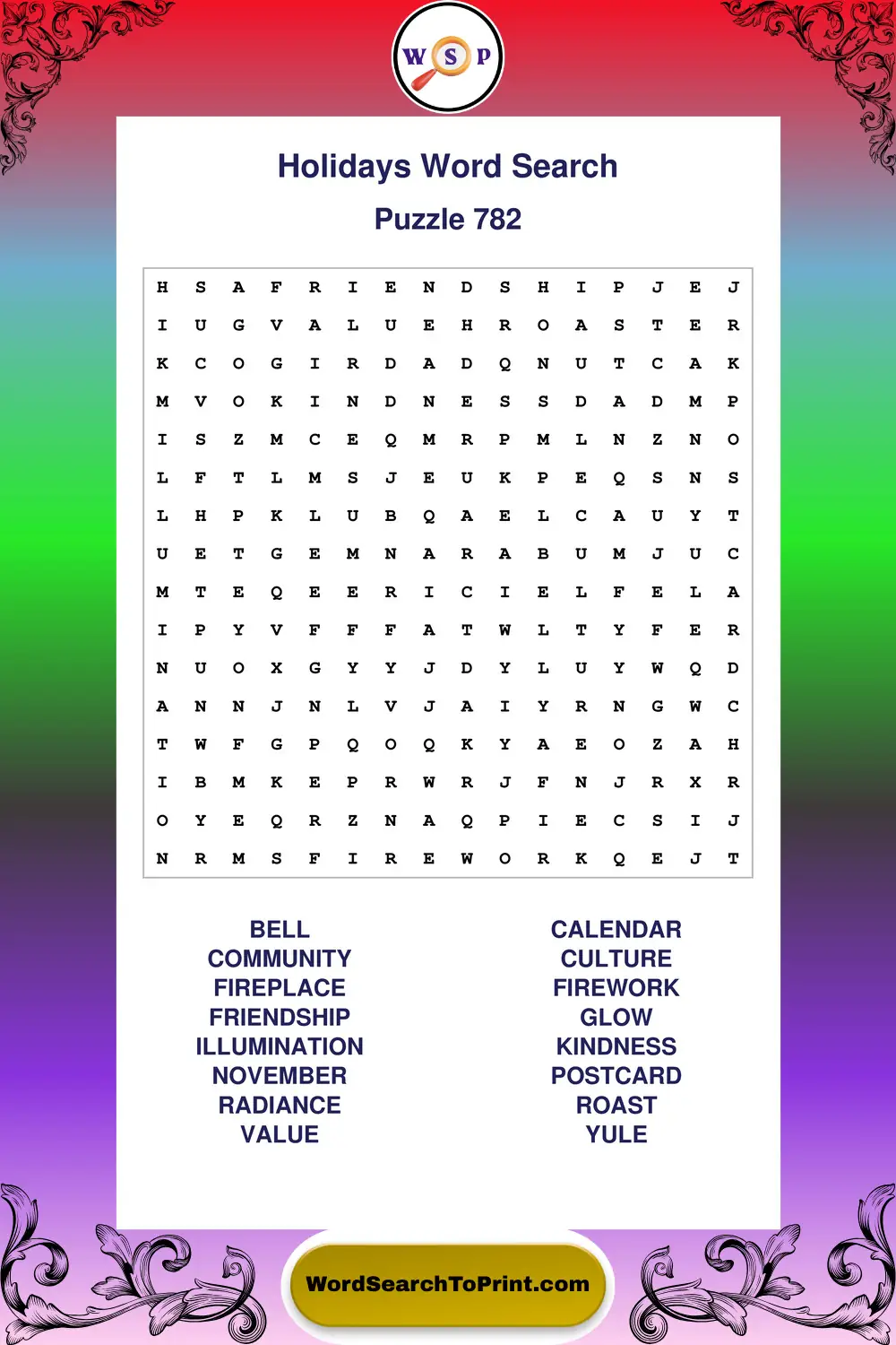 Holidays Word Search Puzzle 782