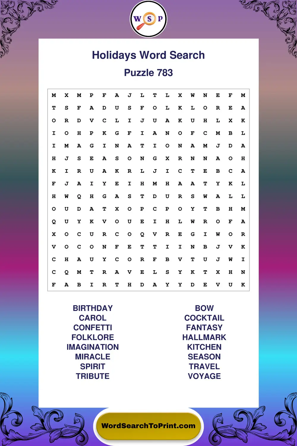 Holidays Word Search Puzzle 783