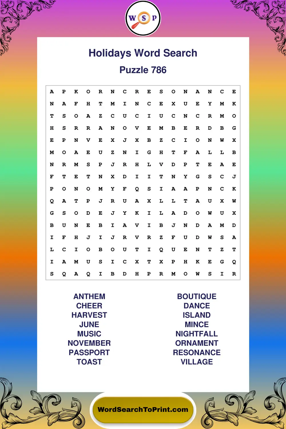 Holidays Word Search Puzzle 786