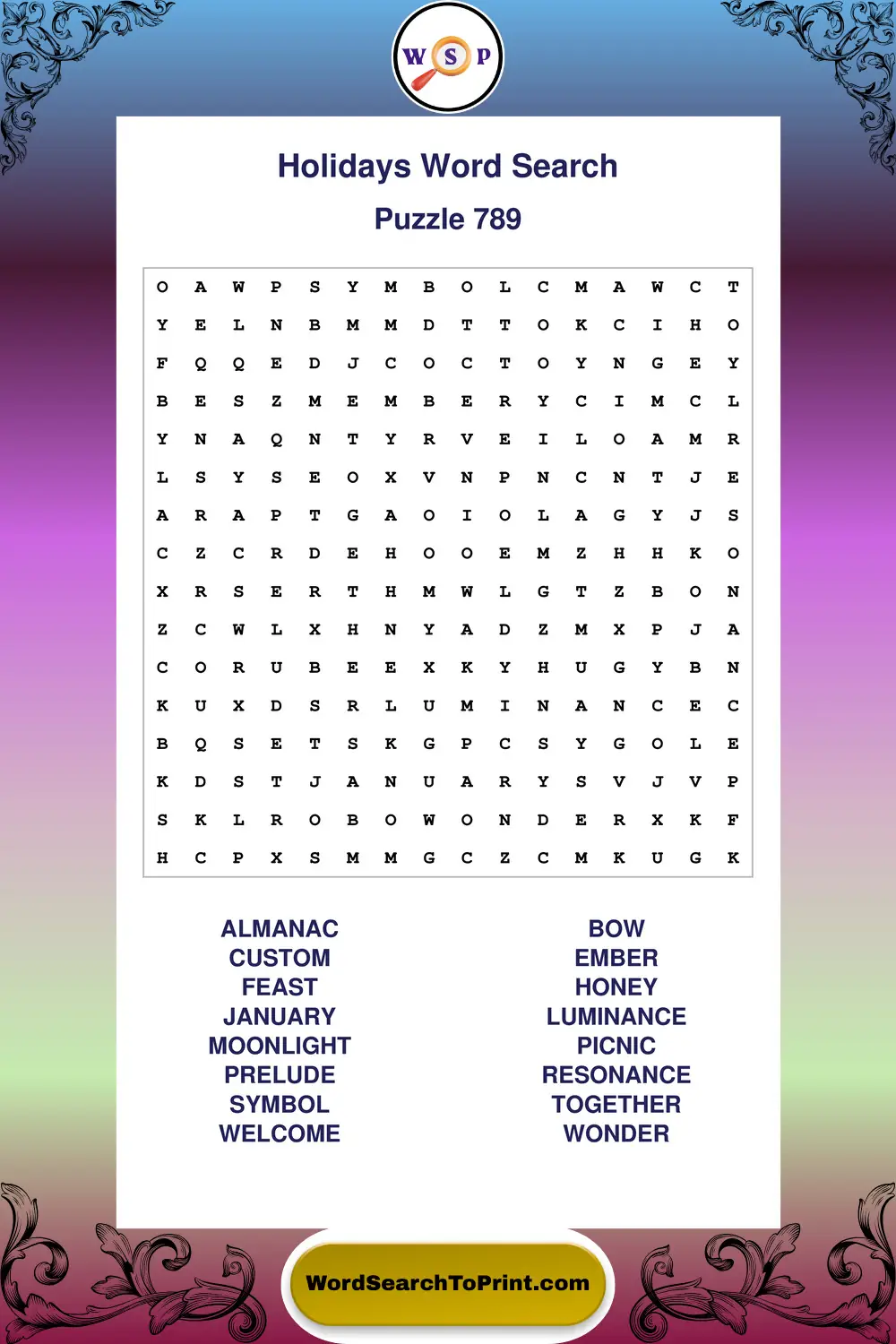 Holidays Word Search Puzzle 789