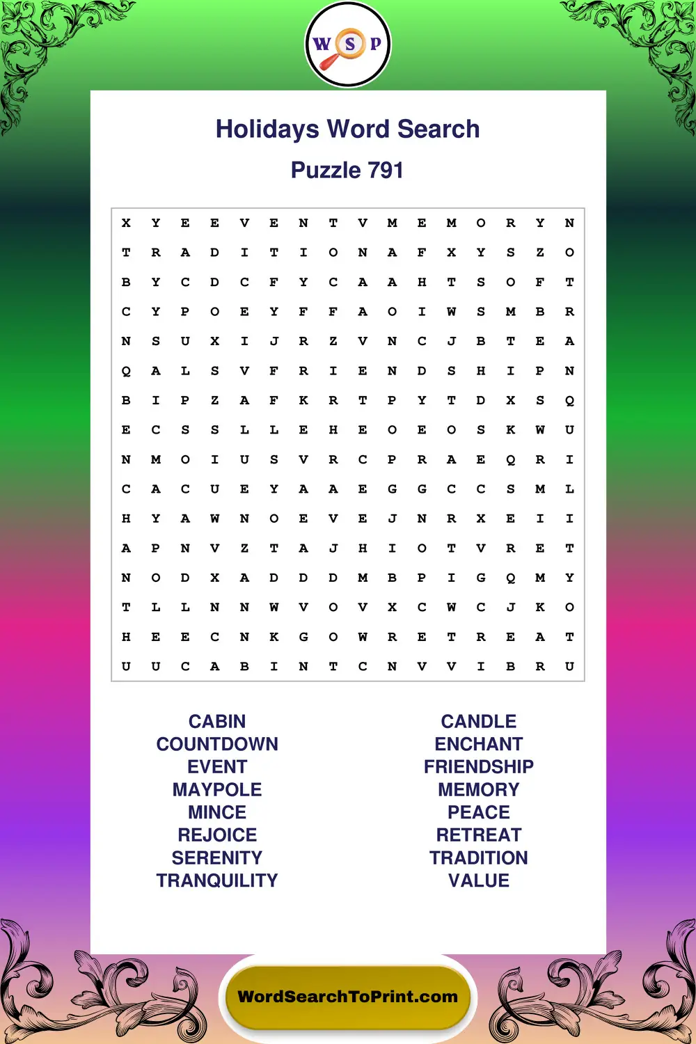 Holidays Word Search Puzzle 791