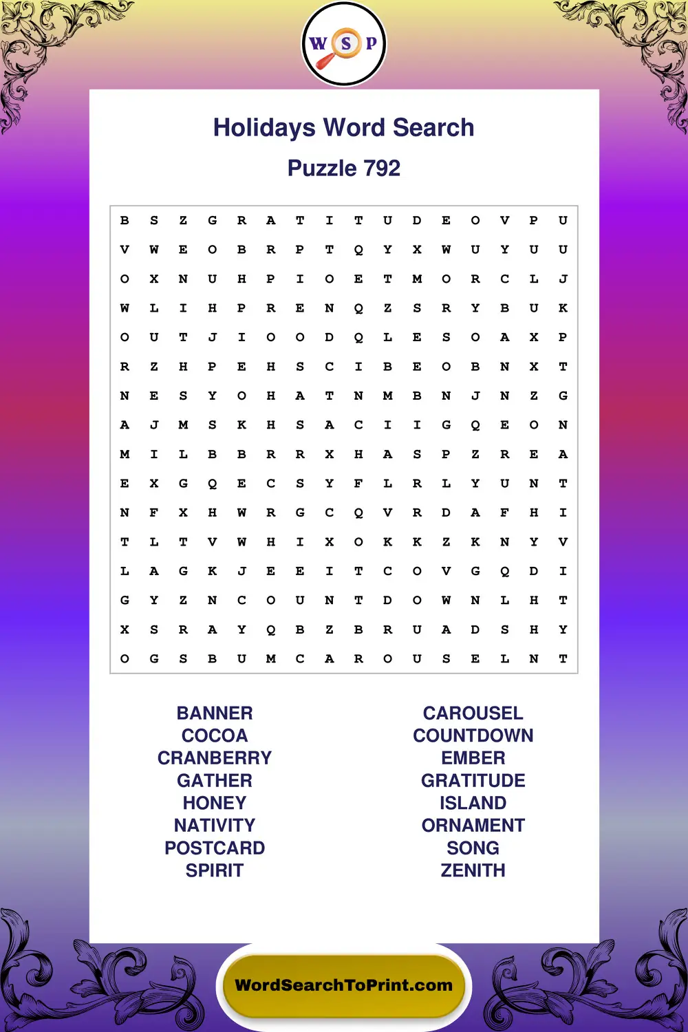 Holidays Word Search Puzzle 792