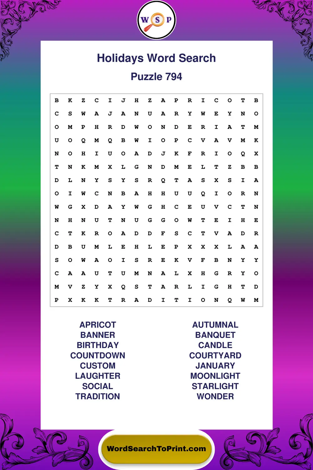 Holidays Word Search Puzzle 794