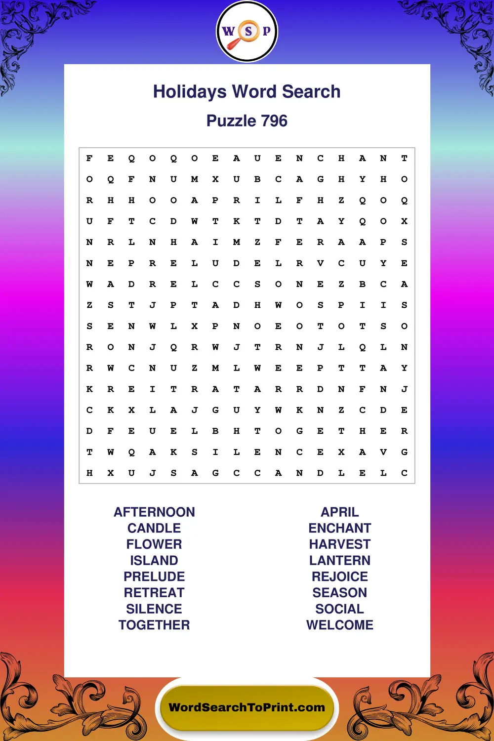 Holidays Word Search Puzzle 796