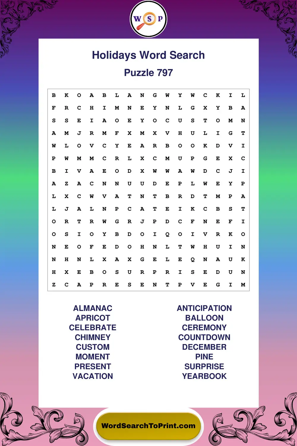 Holidays Word Search Puzzle 797