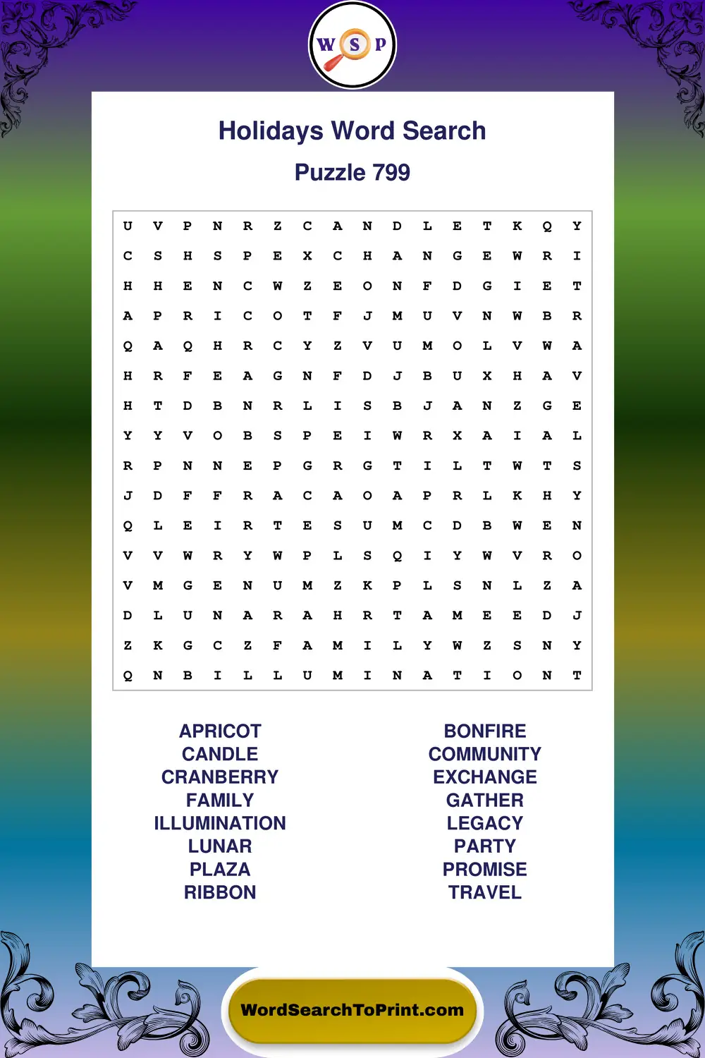 Holidays Word Search Puzzle 799
