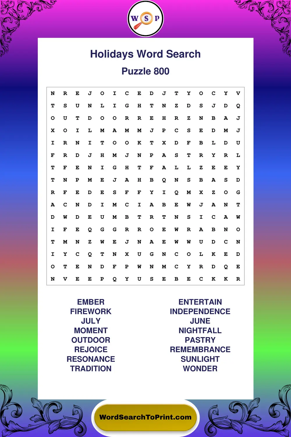 Holidays Word Search Puzzle 800
