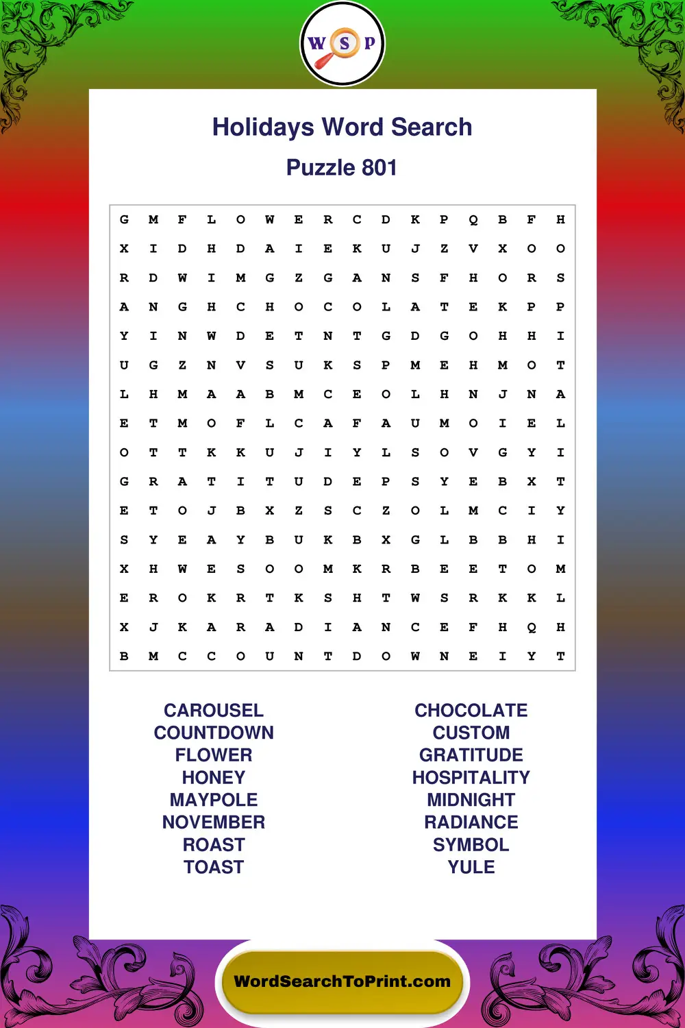 Holidays Word Search Puzzle 801