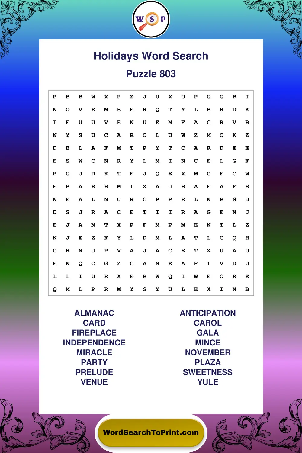 Holidays Word Search Puzzle 803