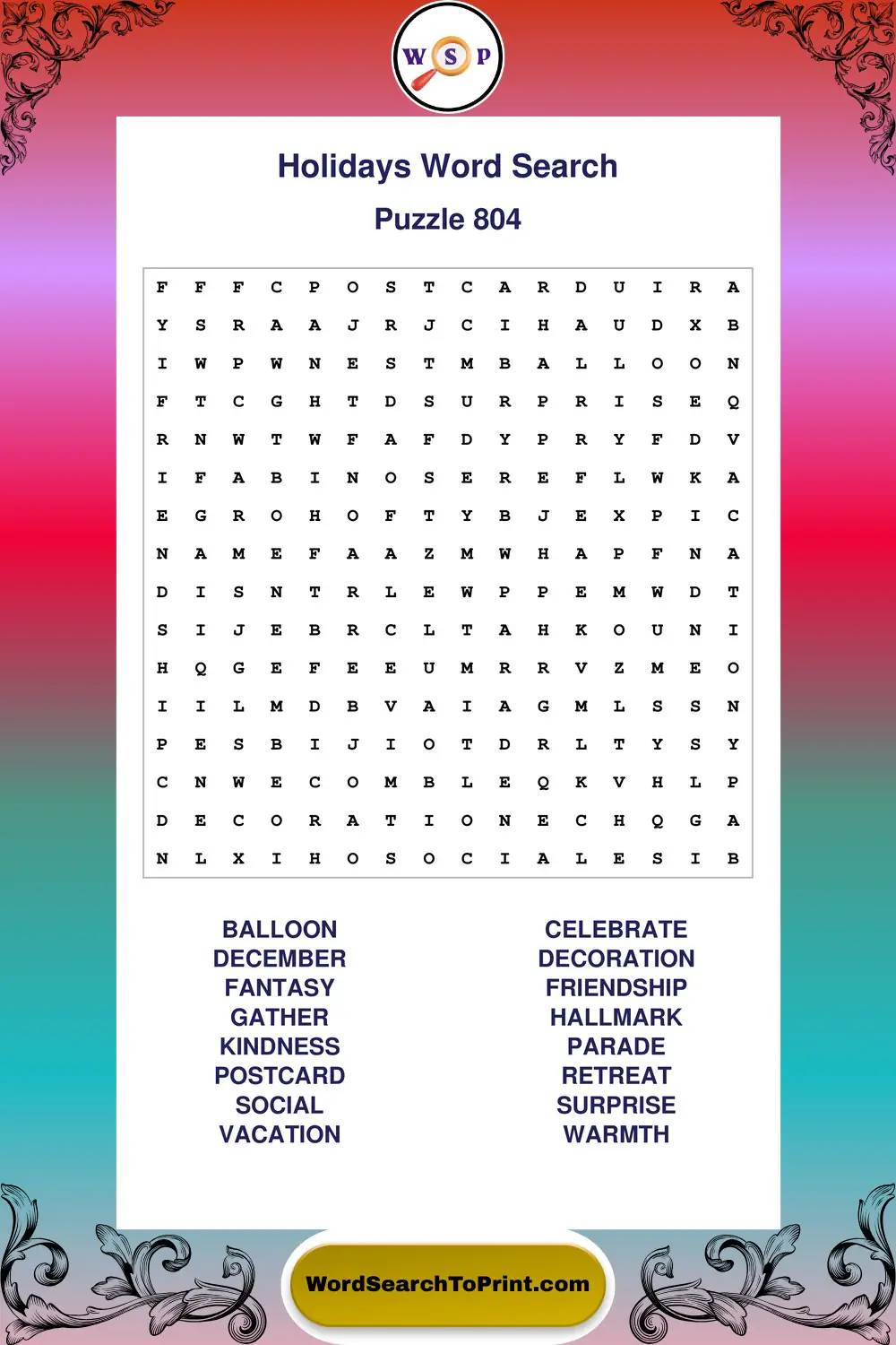 Holidays Word Search Puzzle 804
