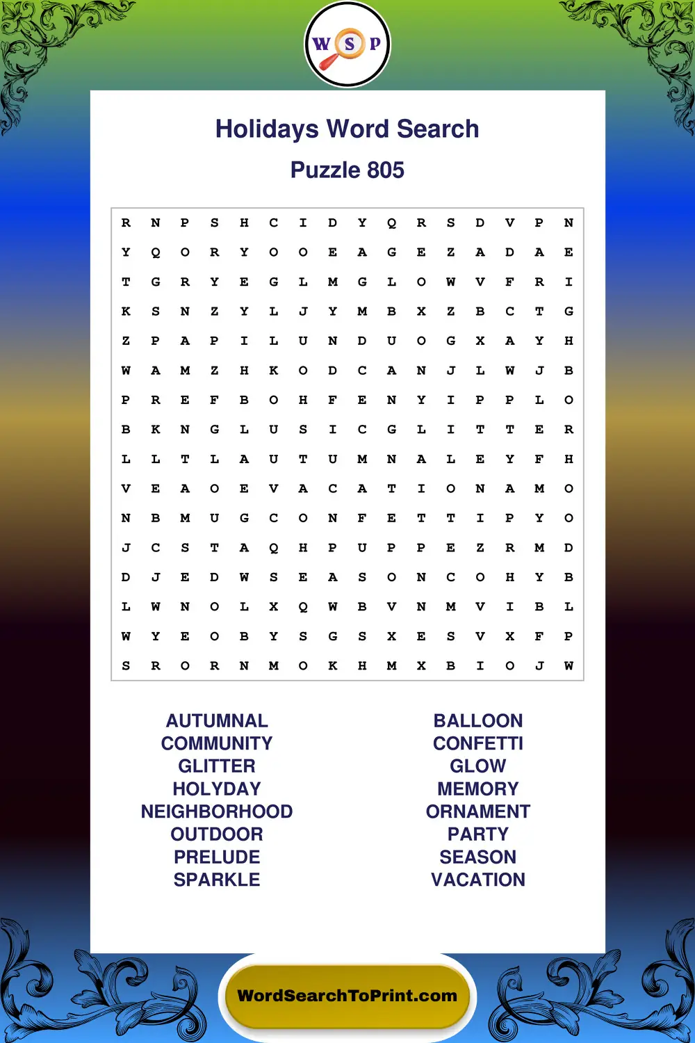 Holidays Word Search Puzzle 805