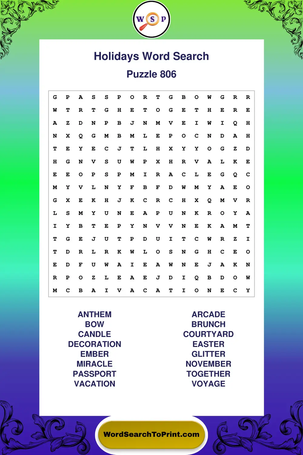 Holidays Word Search Puzzle 806