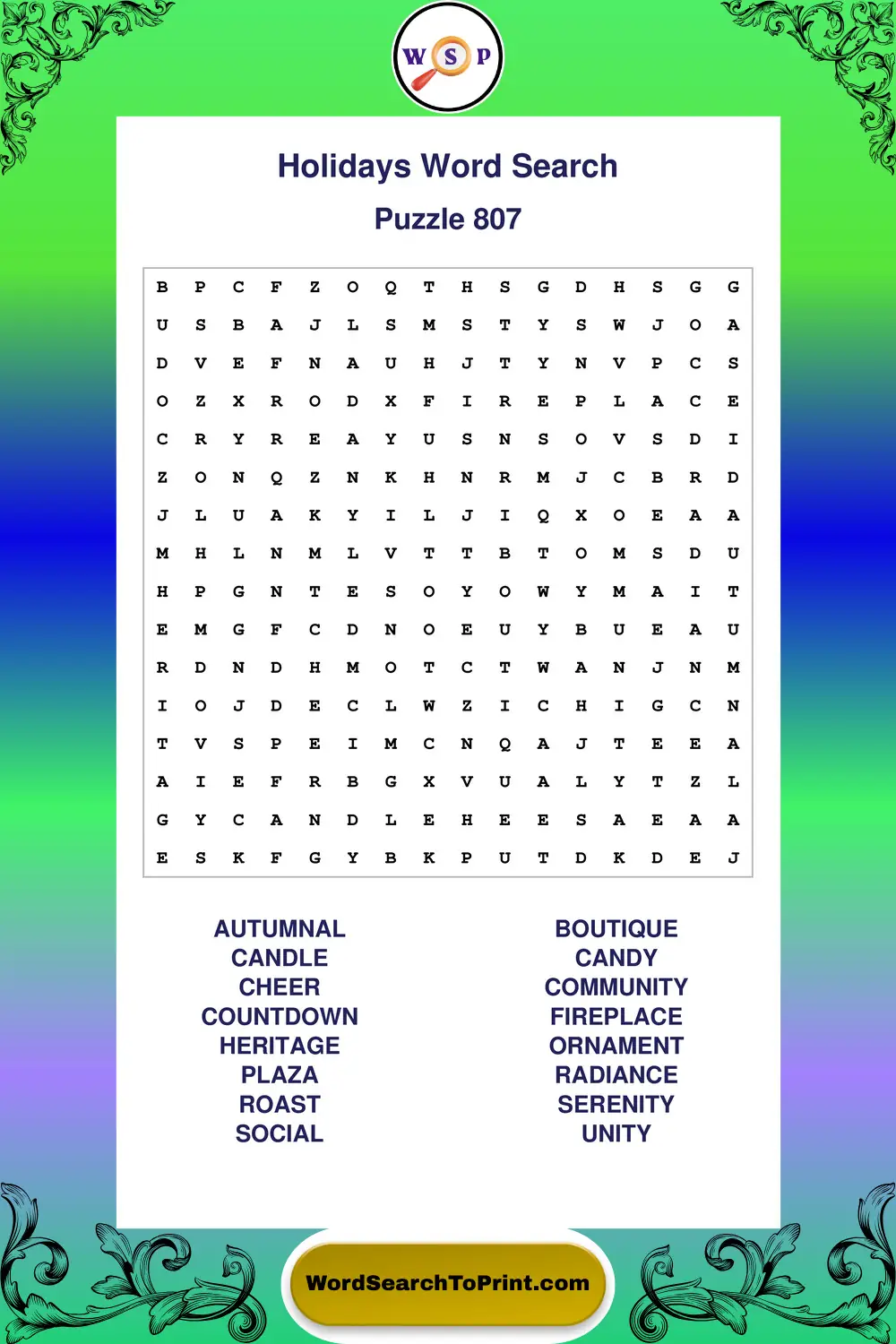 Holidays Word Search Puzzle 807