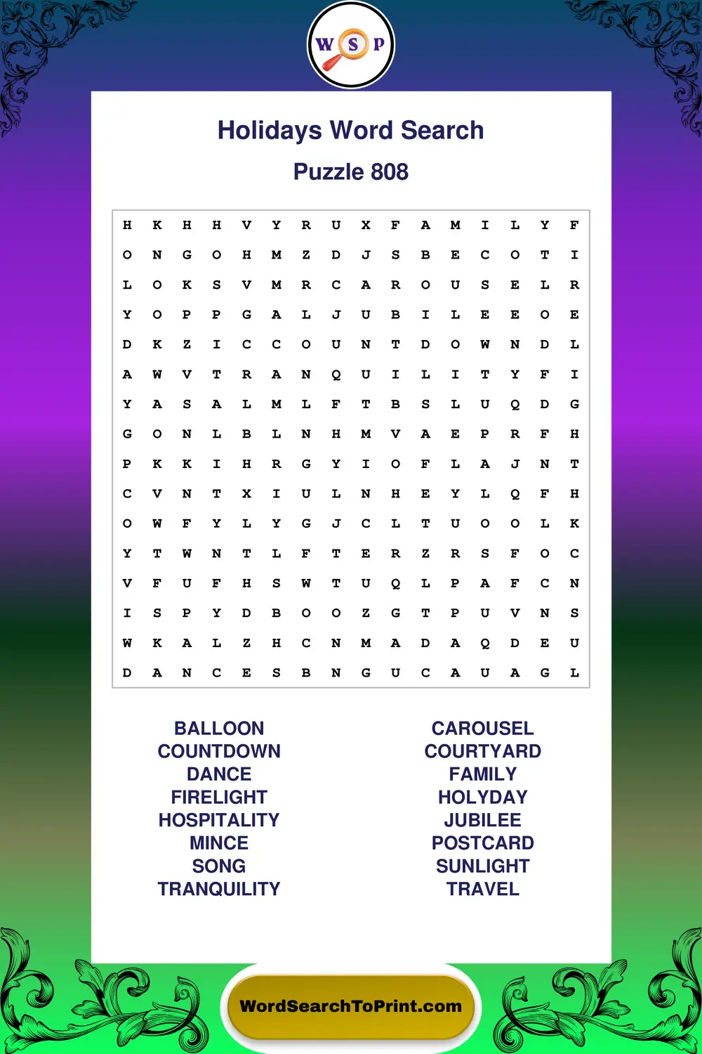 Holidays Word Search Puzzle 808
