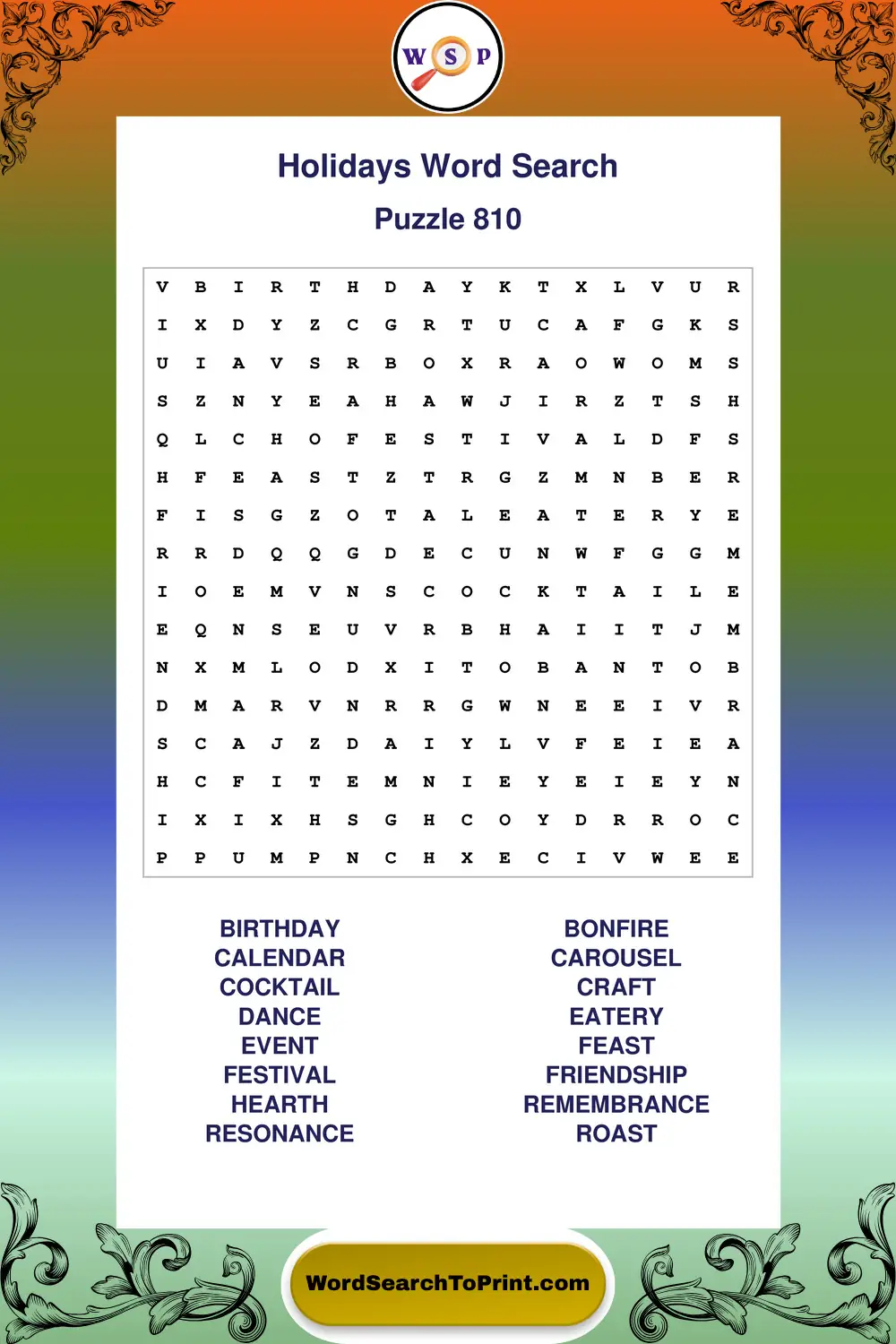 Holidays Word Search Puzzle 810