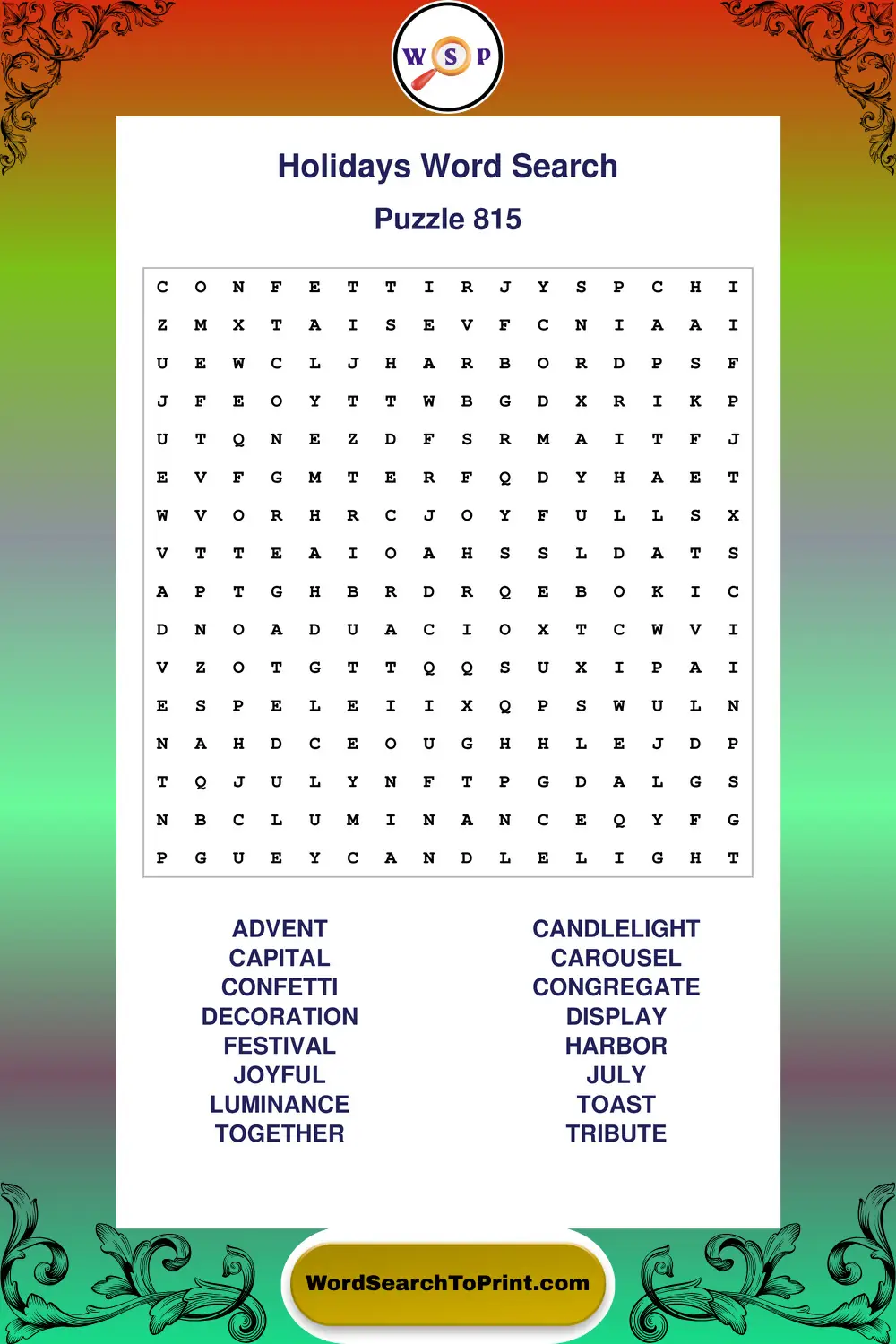 Holidays Word Search Puzzle 815