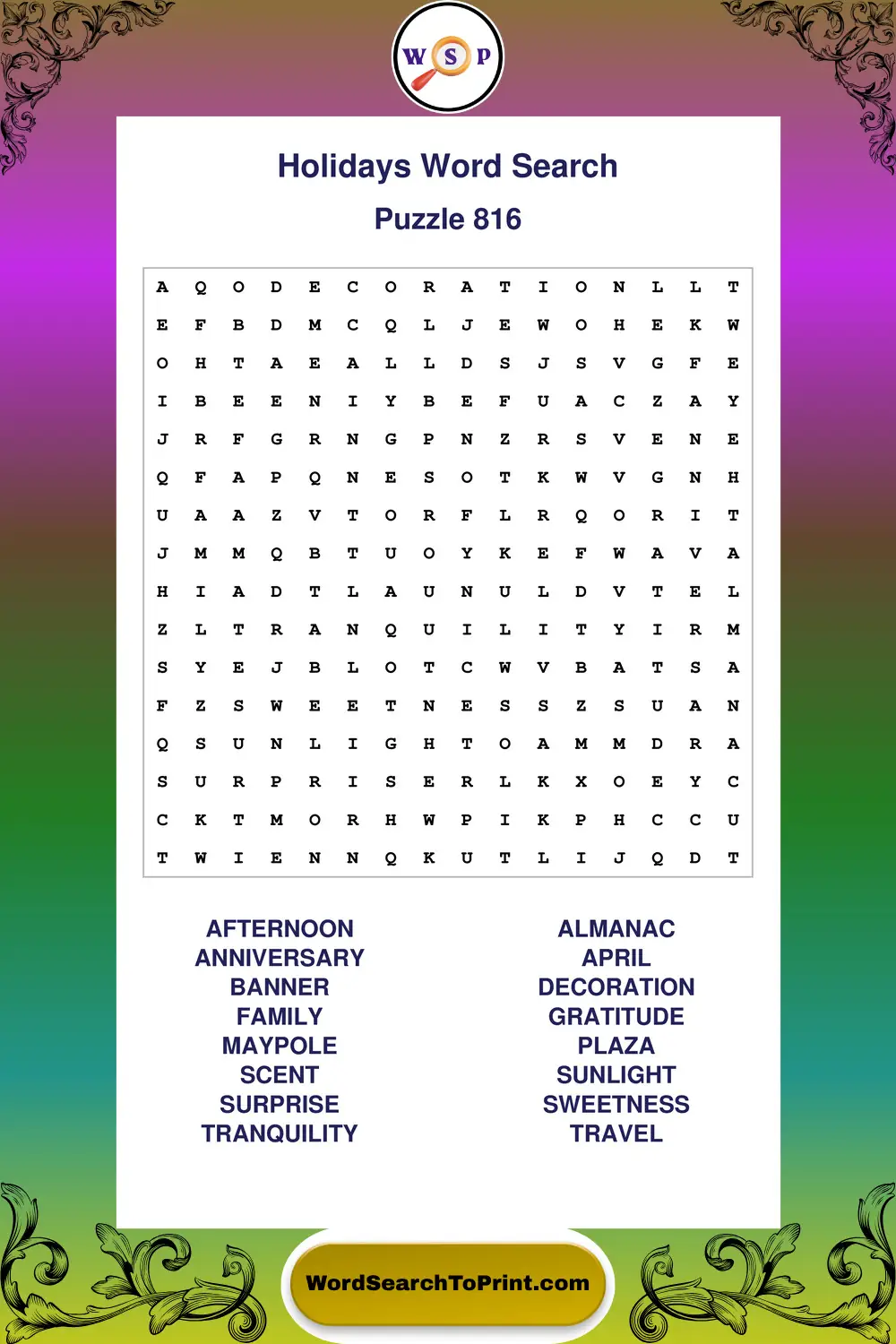 Holidays Word Search Puzzle 816