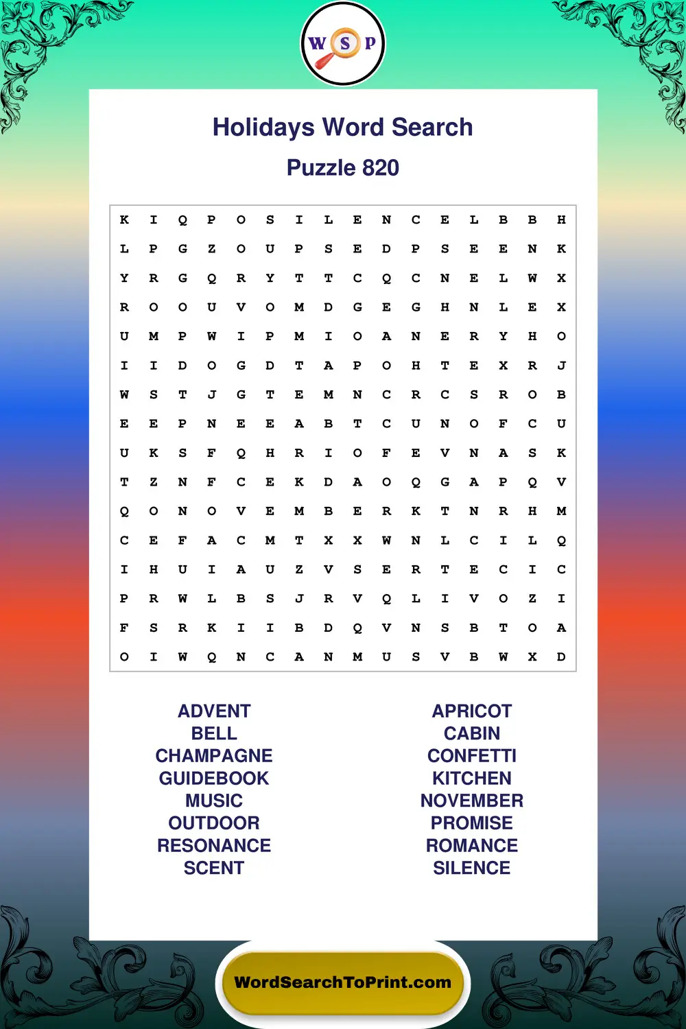 Holidays Word Search Puzzle 820