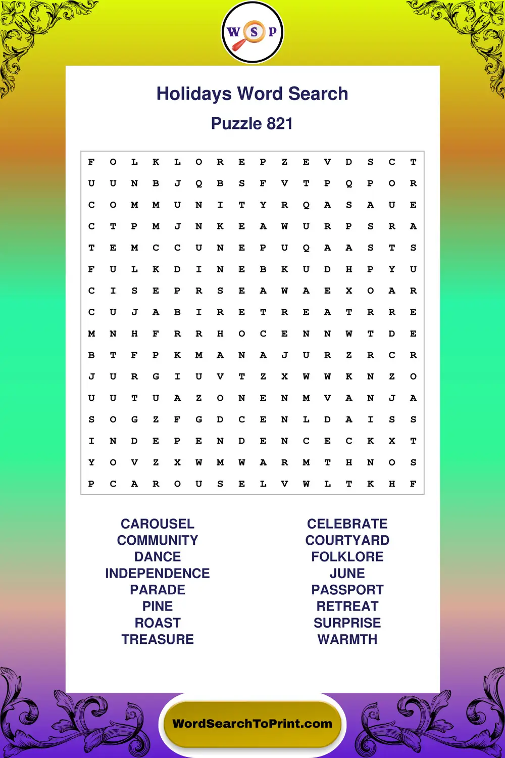 Holidays Word Search Puzzle 821