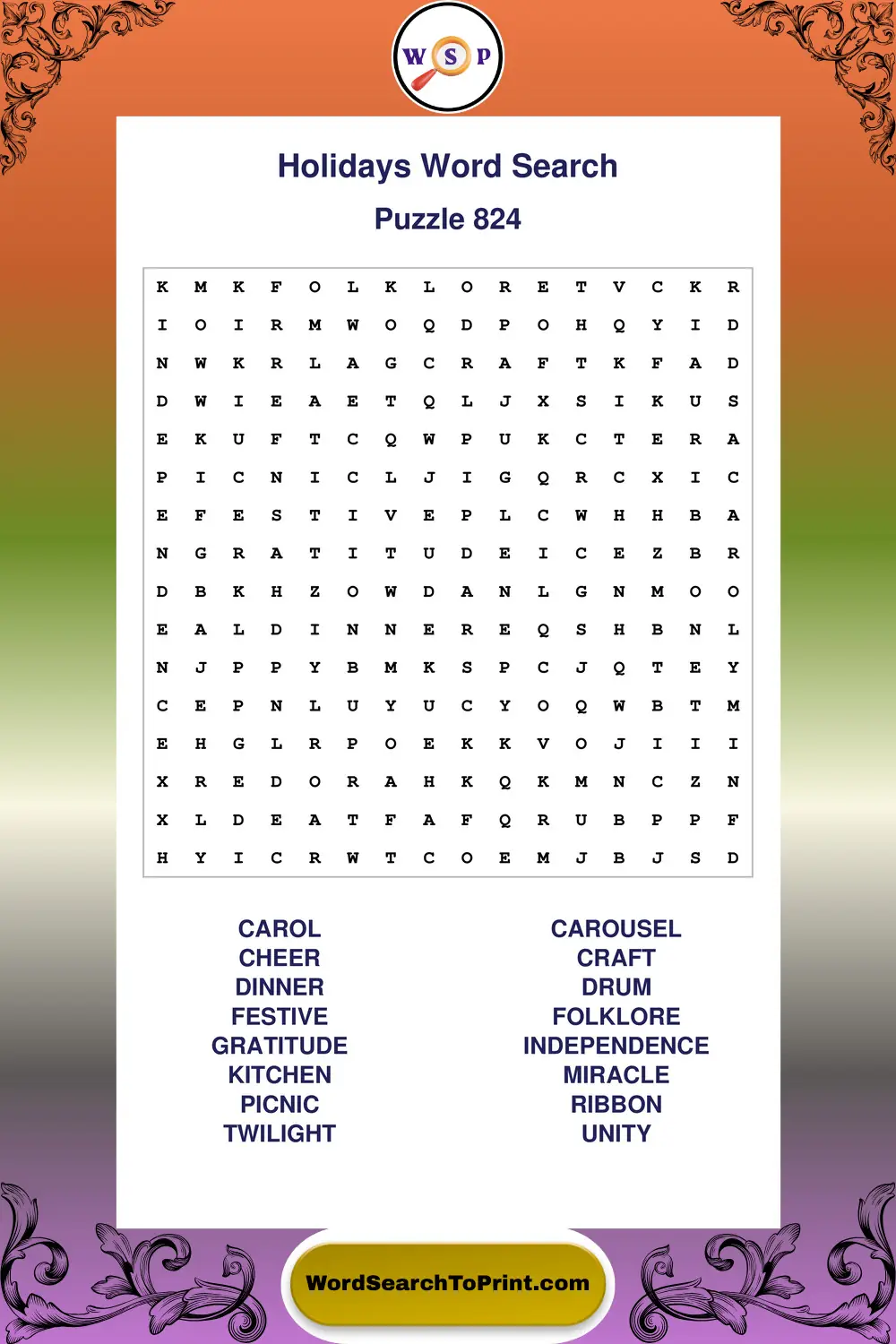 Holidays Word Search Puzzle 824
