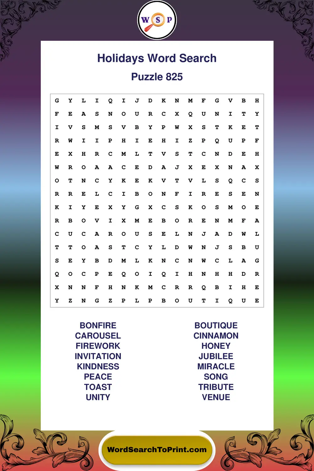 Holidays Word Search Puzzle 825