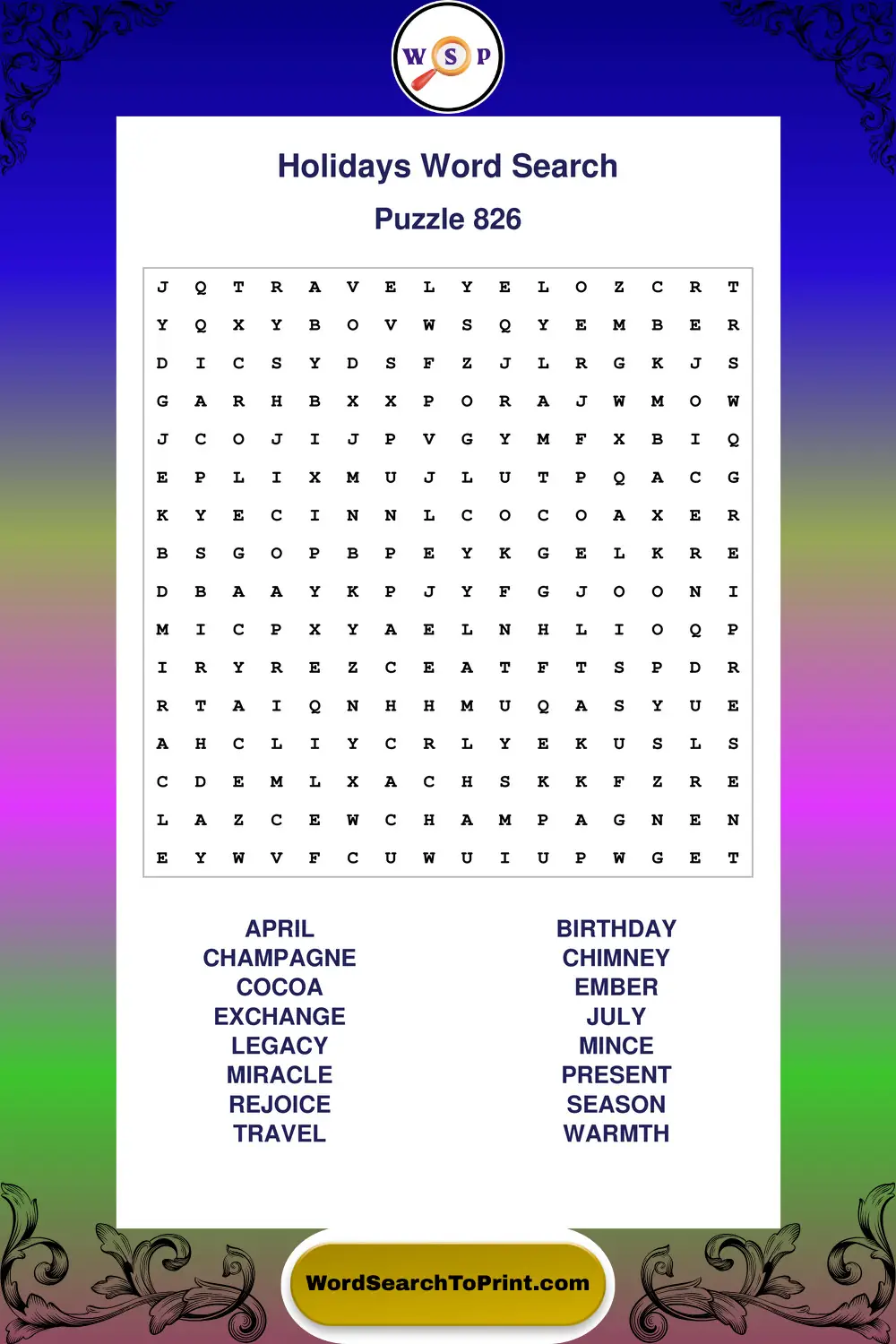 Holidays Word Search Puzzle 826