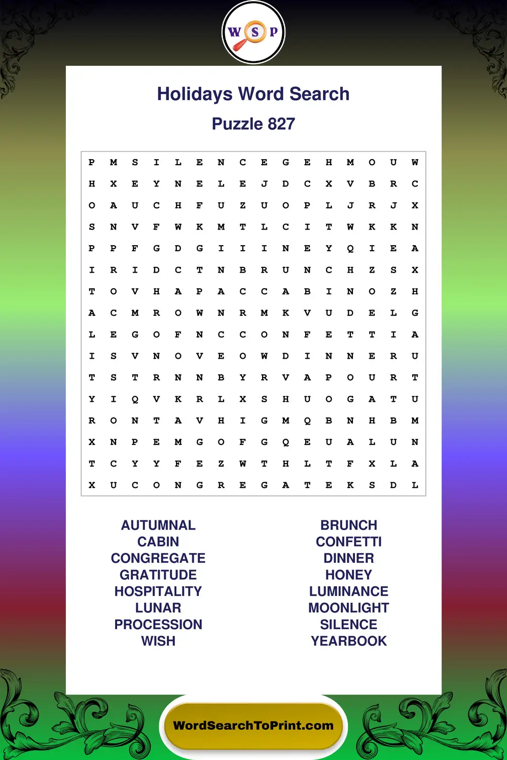 Holidays Word Search Puzzle 827