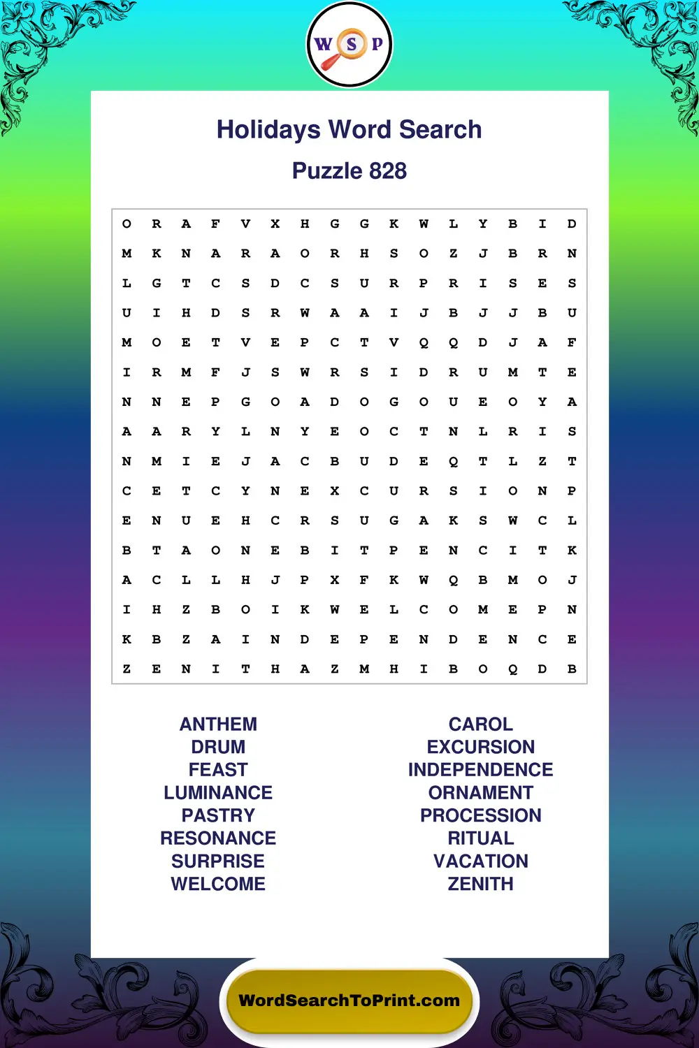 Holidays Word Search Puzzle 828