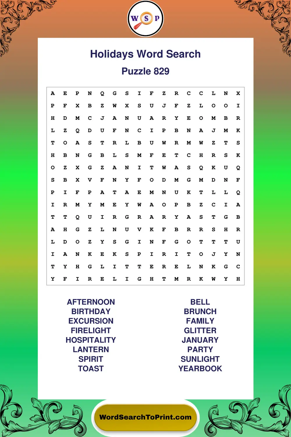 Holidays Word Search Puzzle 829