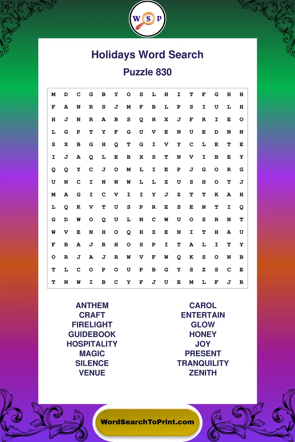 Holidays Word Search Puzzle 830