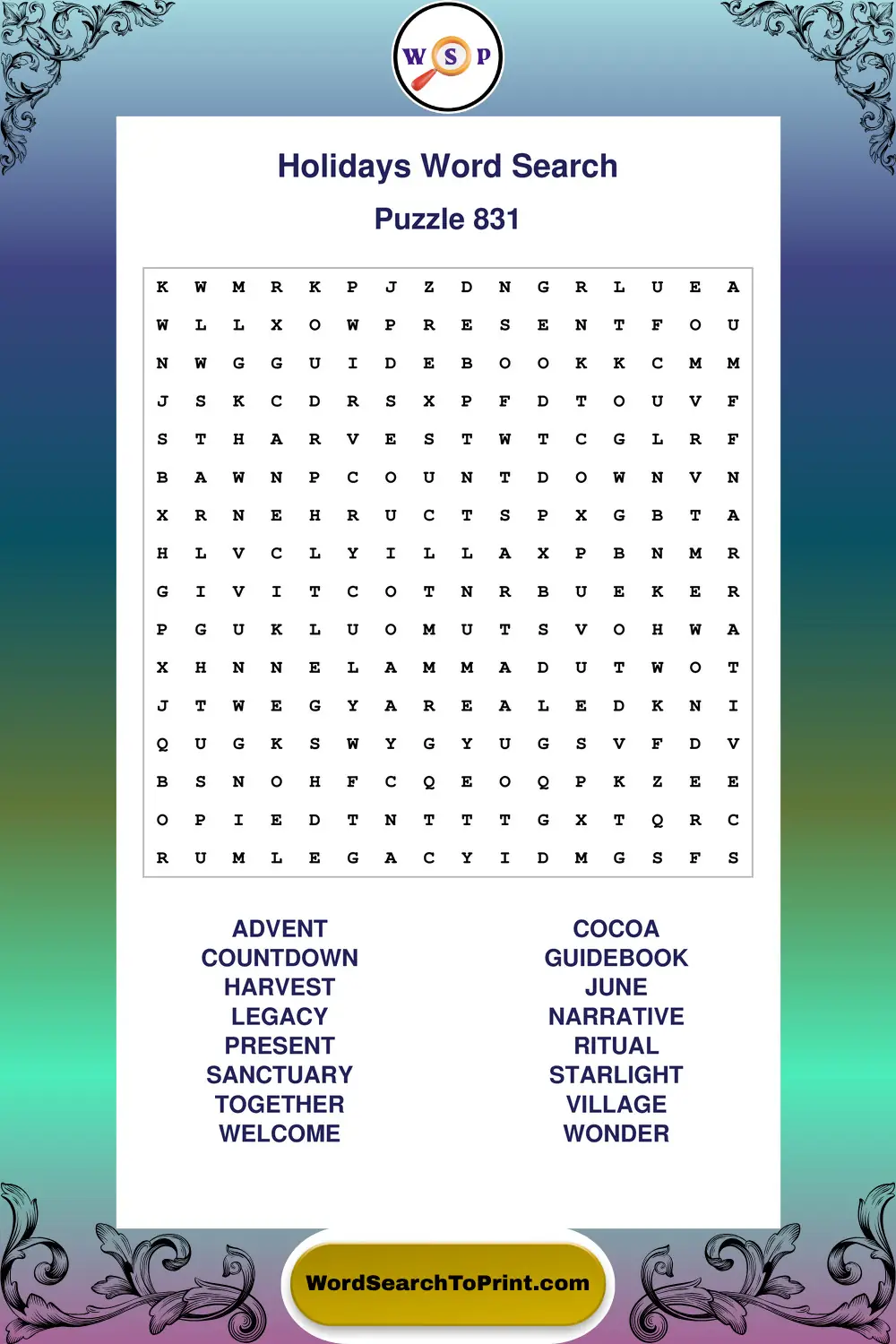 Holidays Word Search Puzzle 831