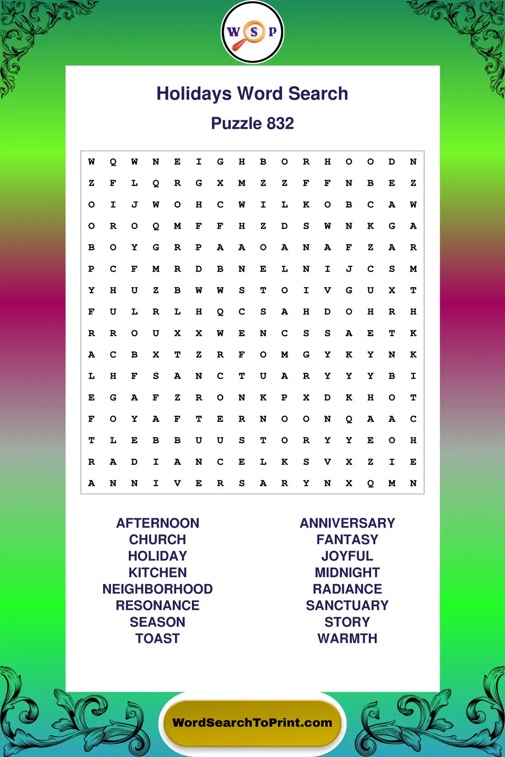 Holidays Word Search Puzzle 832