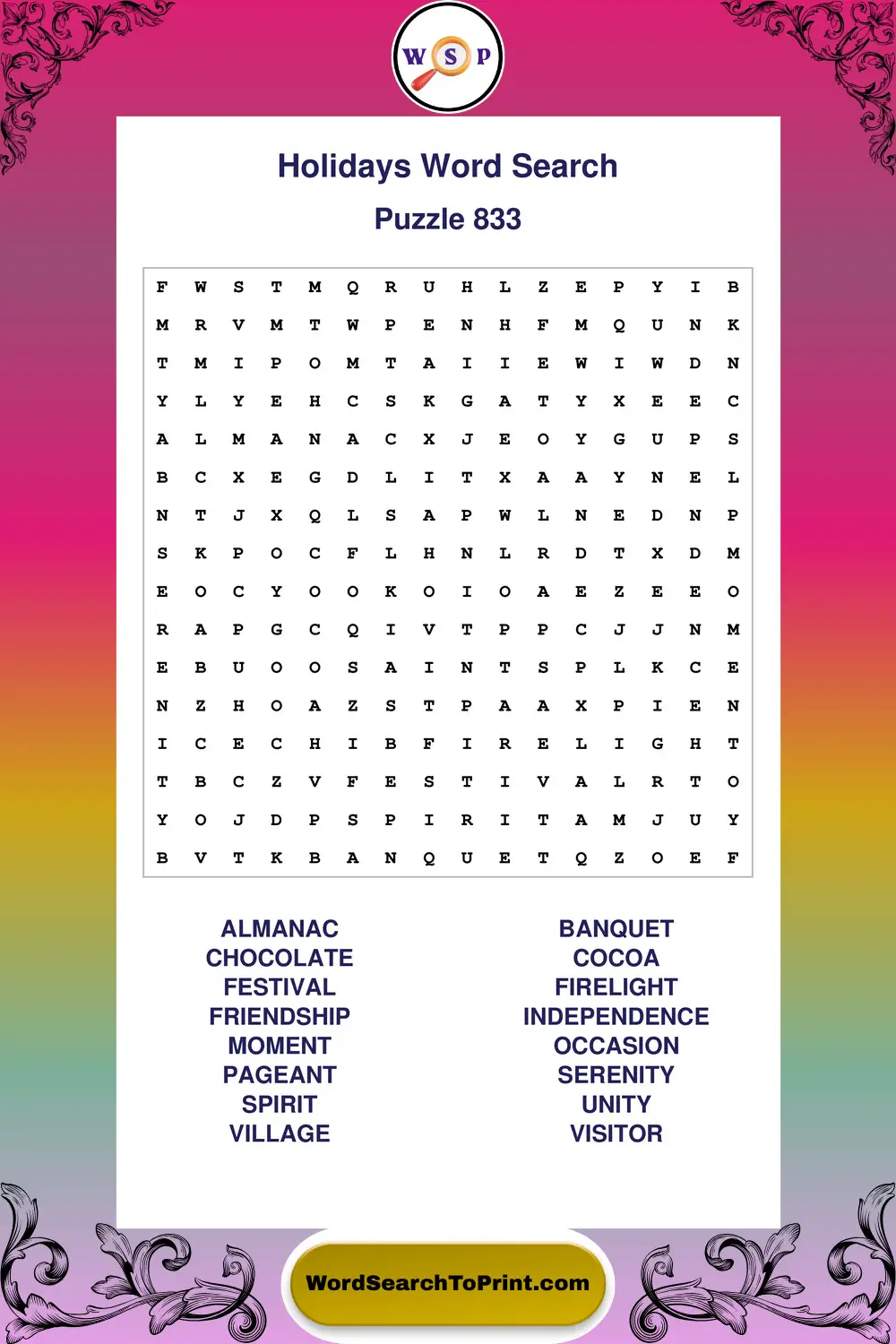 Holidays Word Search Puzzle 833