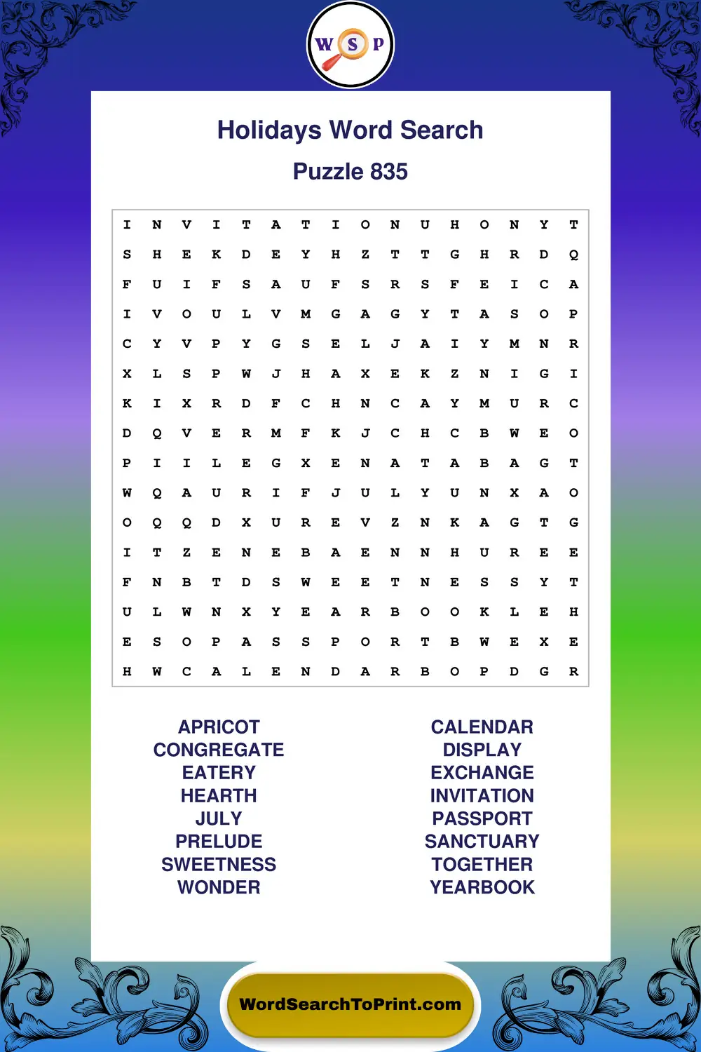 Holidays Word Search Puzzle 835