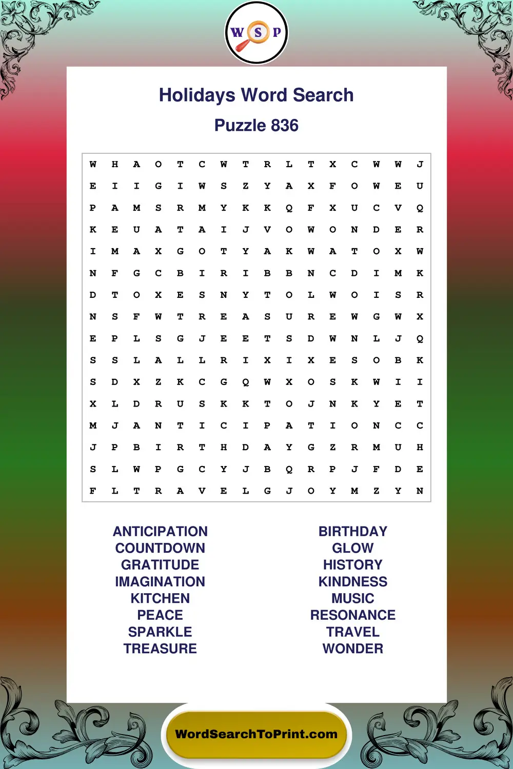 Holidays Word Search Puzzle 836