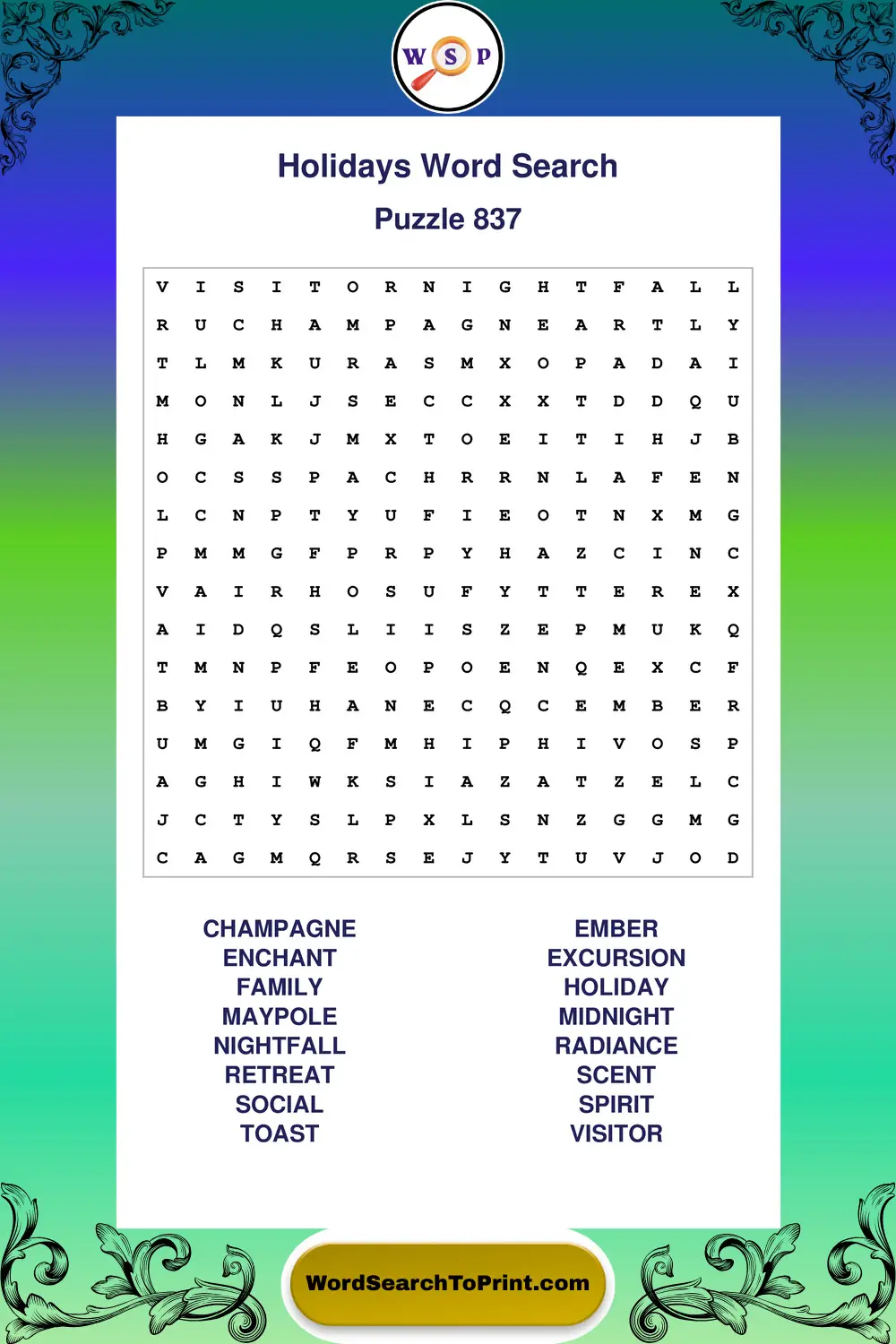 Holidays Word Search Puzzle 837