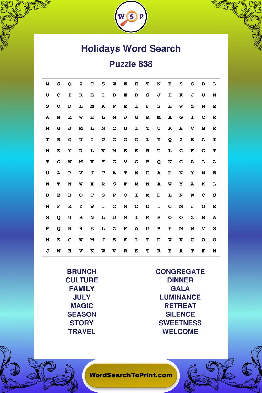 Holidays Word Search Puzzle 838