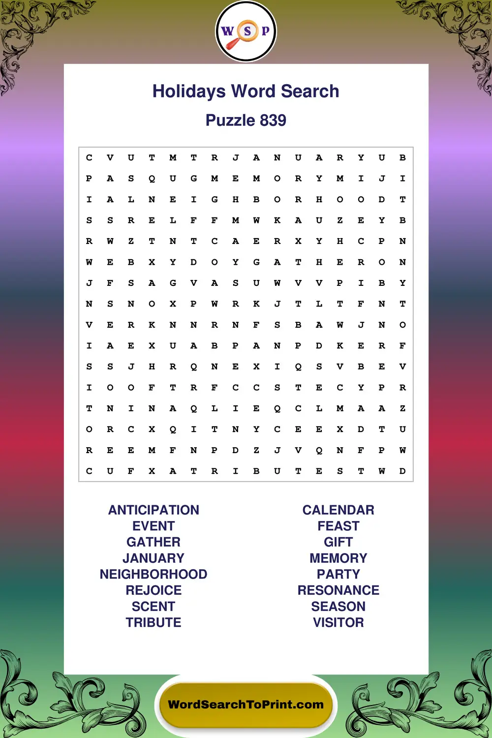Holidays Word Search Puzzle 839