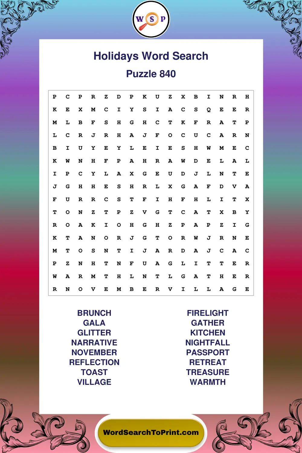 Holidays Word Search Puzzle 840