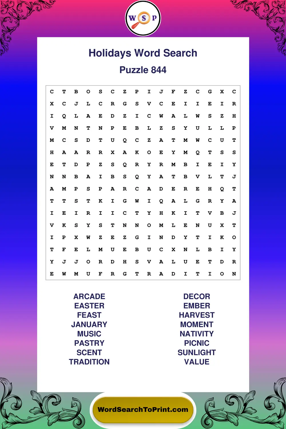 Holidays Word Search Puzzle 844