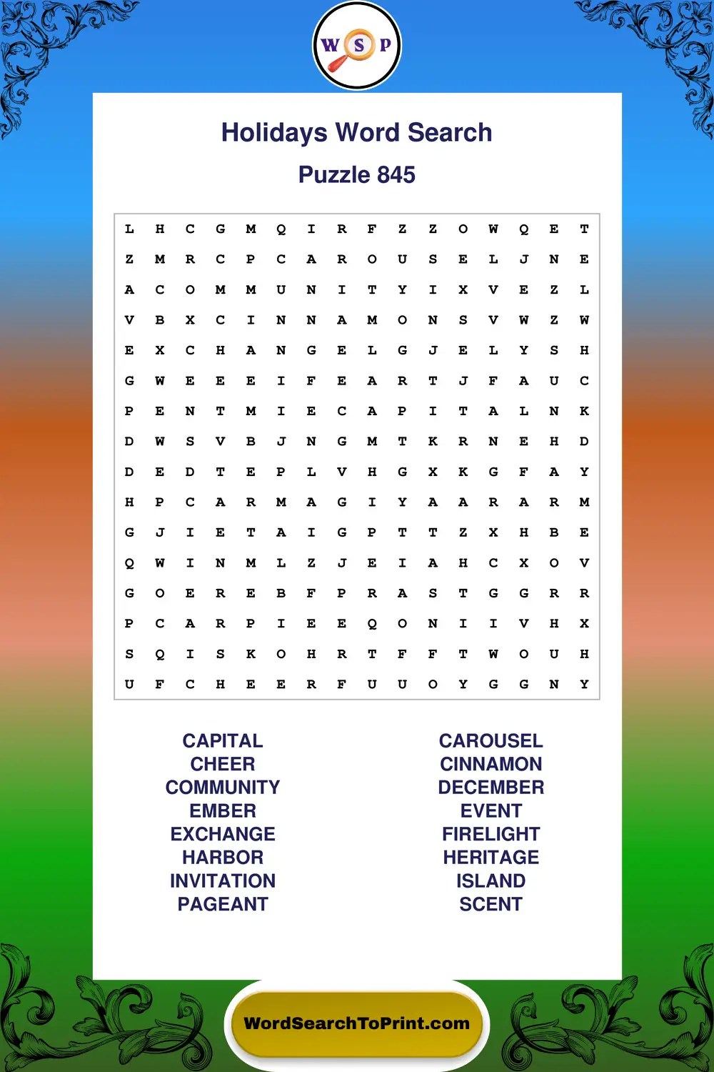 Holidays Word Search Puzzle 845