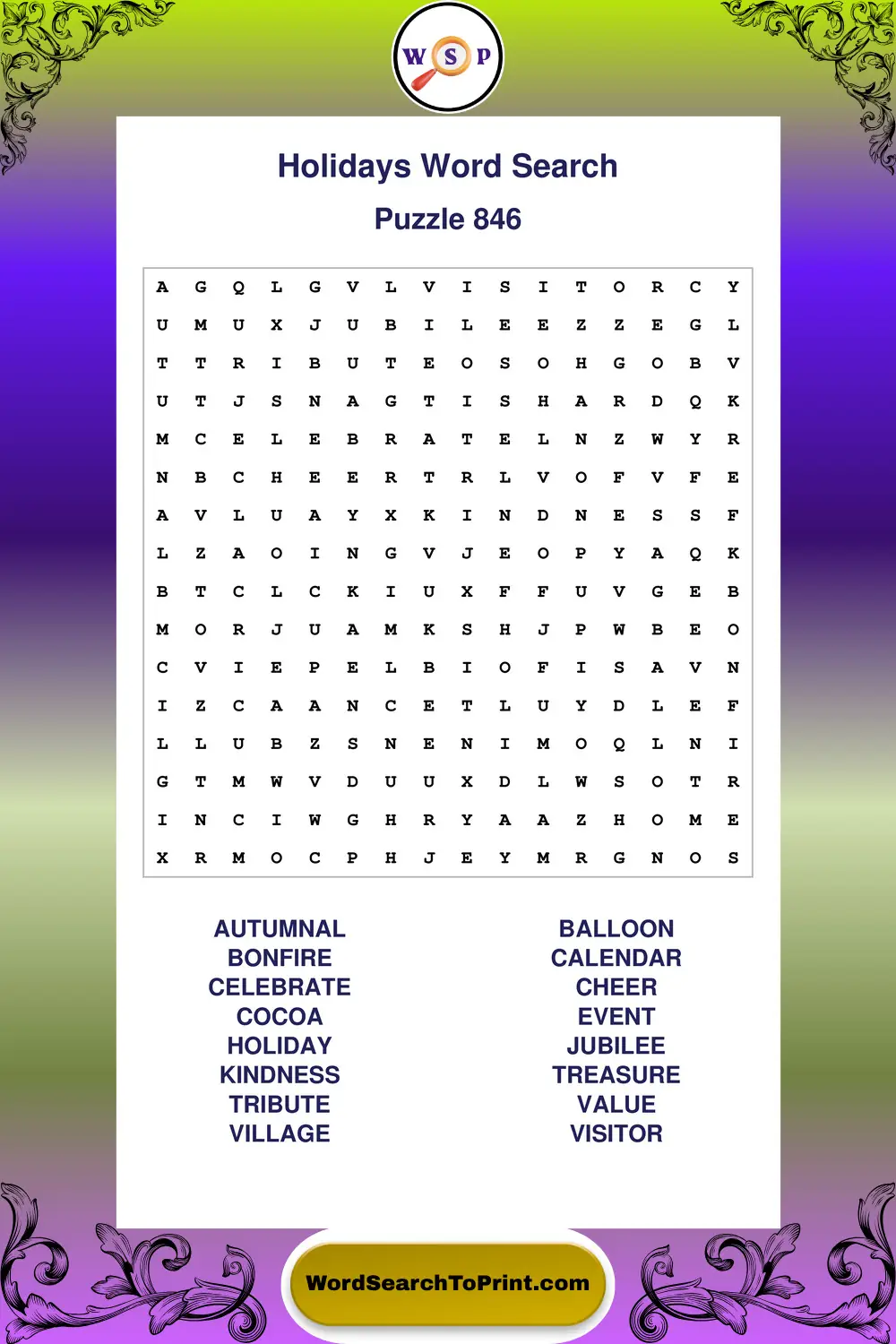 Holidays Word Search Puzzle 846