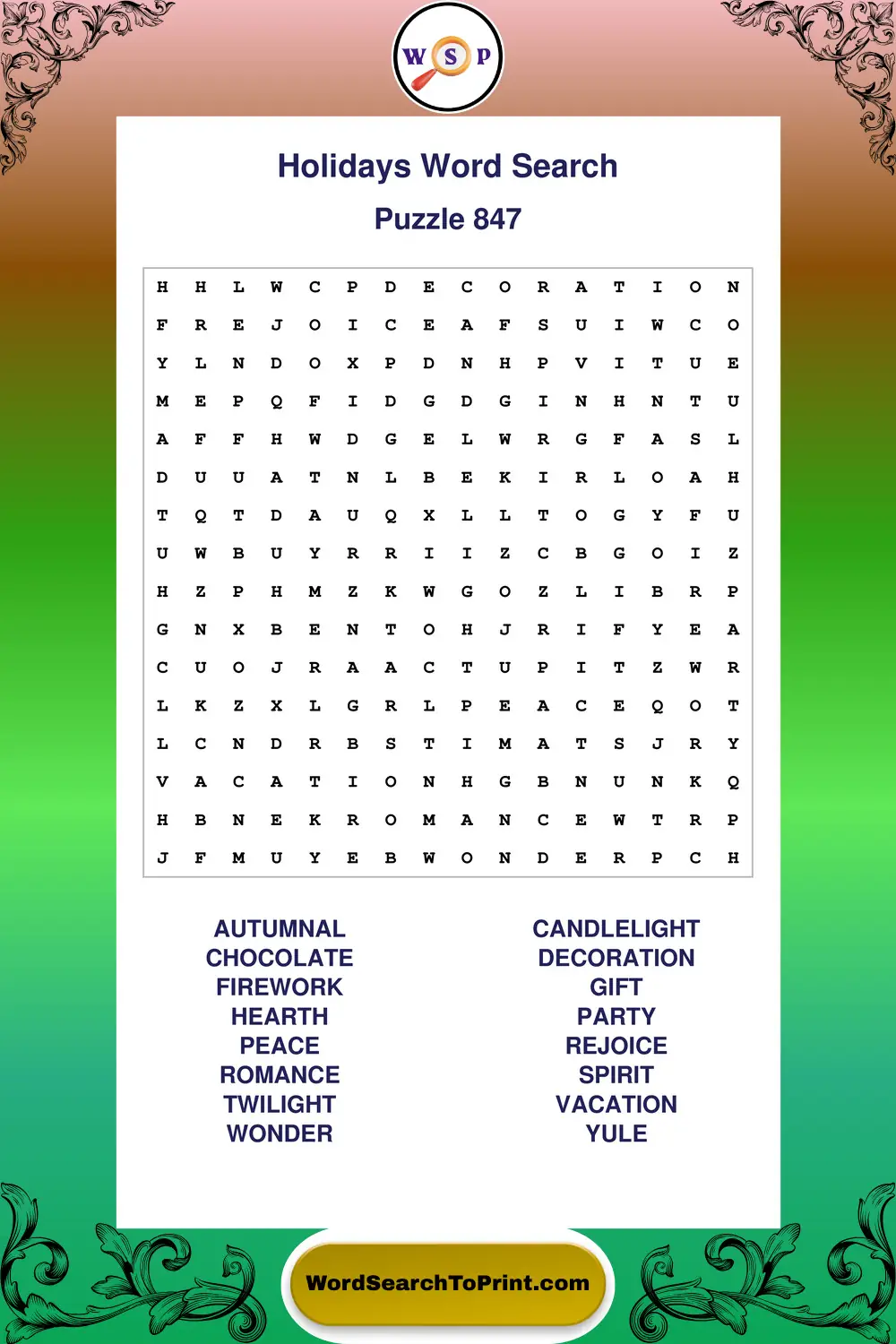 Holidays Word Search Puzzle 847